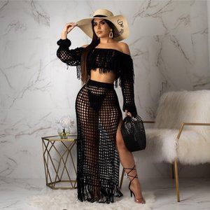 Beach Cover Up Crochet Knit Black Maxi Skirt Set